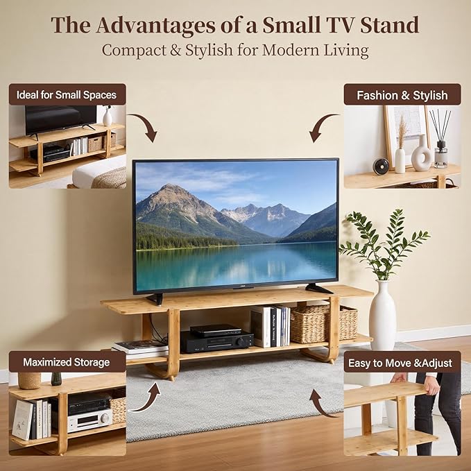 Tiita Bamboo TV Stand for 55 Inch TV, Entertainment Center with 2 Open Shelf,...