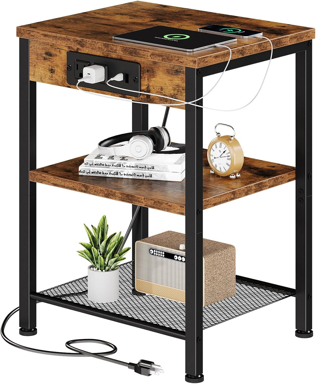 DUMOS 15.7" Small Side Table with Charging Station, End Table with Outlets & USB Ports, 3-Tier Adjustable Storage Nightstand for Living Room, Bedroom, Small Spaces, Record Player Stand, Rustic Brown