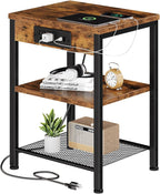 DUMOS 15.7" Small Side Table with Charging Station, End Table with Outlets & USB Ports, 3-Tier Adjustable Storage Nightstand for Living Room, Bedroom, Small Spaces, Record Player Stand, Rustic Brown