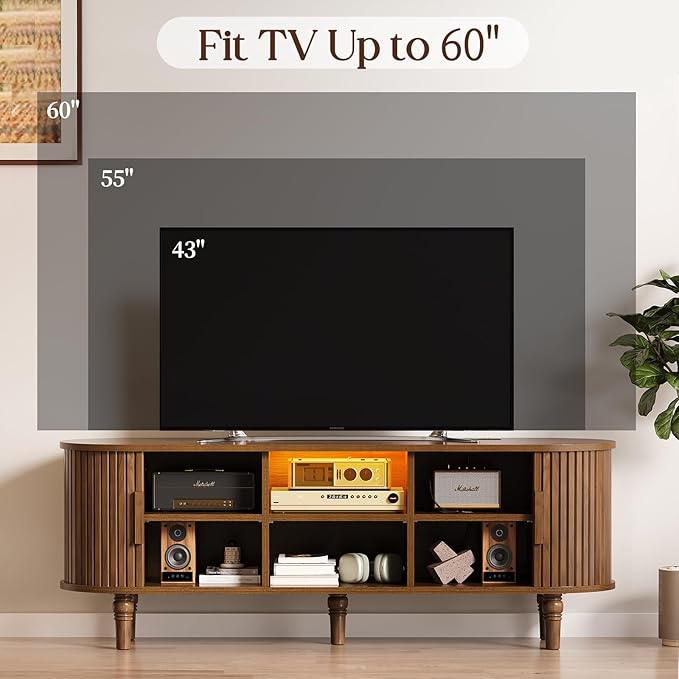 TV Console with Power Outlet-55 Entertainment Center with Sliding Tambour Door, Modern TV Stands for Living Room Bedroom, LED Media Stand with Storage Cabinet and Adjustable Shelves, Walnut