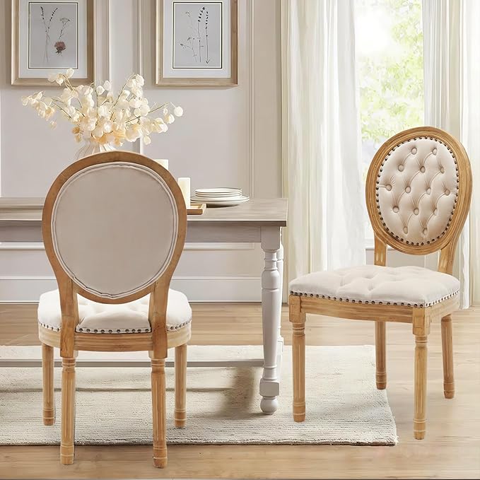 Upholstered Dining Chairs Set of 2 French Country Oval Fabric Back Kitchen Side Chair with Wood Legs for Dining Room, Kitchen, Restaurant(Beige-Velvet)
