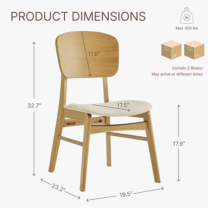 Wooden Dining Chairs Set of 4, Upholstered Modern Dining Room Chairs, Mid Century Oak Kitchen Chairs with Ergonomic Wood Backrest for Farmhouse, Restaurant, Café (Cream Fabric & Original Color)