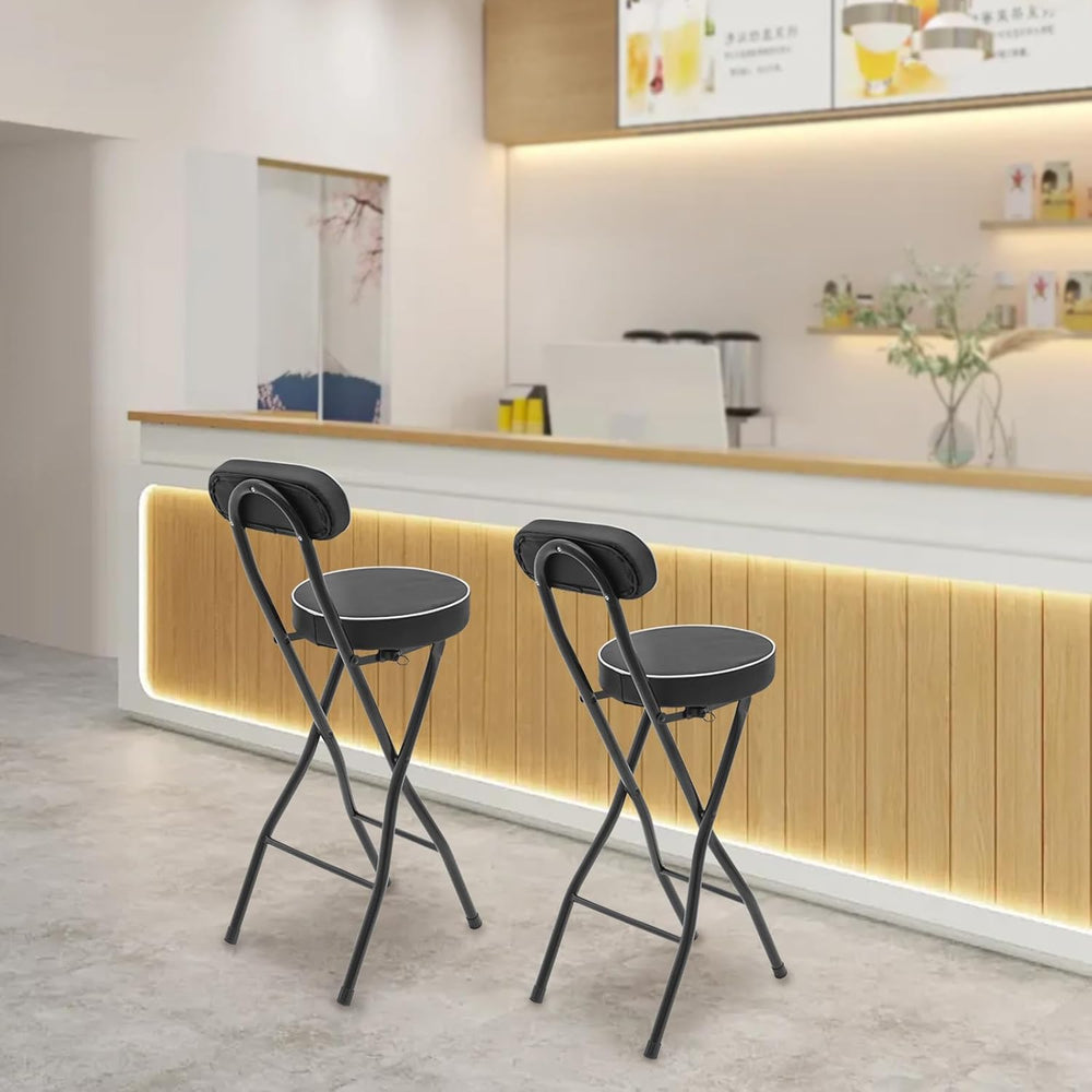 2Pcs-Folding Bar Stool with Back, Black Tall Foldable Chair Counter Height Co...