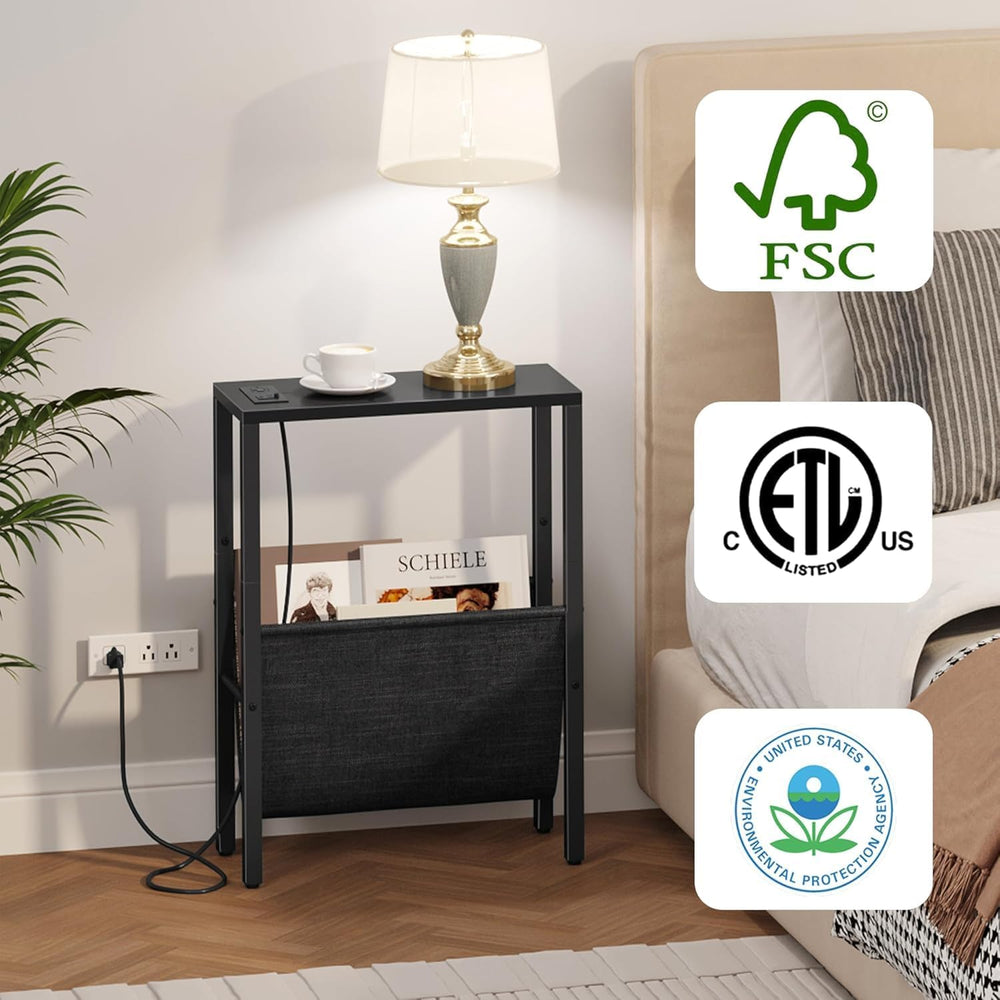 Vagusicc Narrow End Table with Charging Station, Narrow Nightstand with USB P...