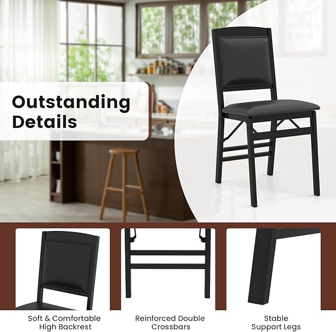 Giantex Folding Dining Chairs Set of 4, Black Wood Kitchen Chair w/Padded Seat, Solid Wood Frame, Max Load 400 Lbs, No Assembly, Easy to Store Foldable Wooden Dining Chairs for Apartment, Small Space