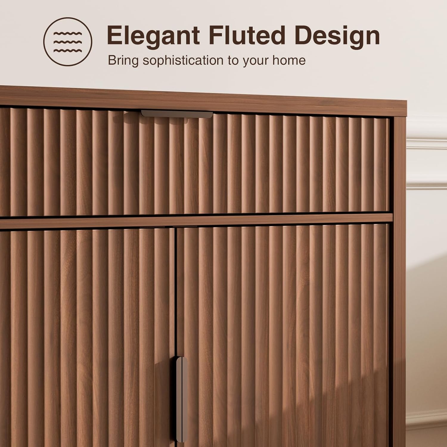 Vabches 32" Fluted Sideboard Buffet Cabinet with Storage, Walnut | Modern Coffee Bar Console Table with Drawer, Fluted Doors & Adjustable Shelf, for Entryway, Living Room, Kitchen, Dining Room