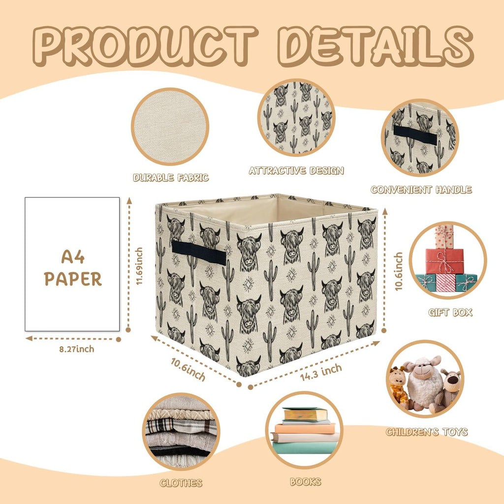 Western Highland Cow Storage Bins Box, Toybox for Boys Girls, Retro Western Cactus Cow Foldable Storage Baskets Organizer for Bedroom Bathroom Kids Room Dorm Clothes Toys Books