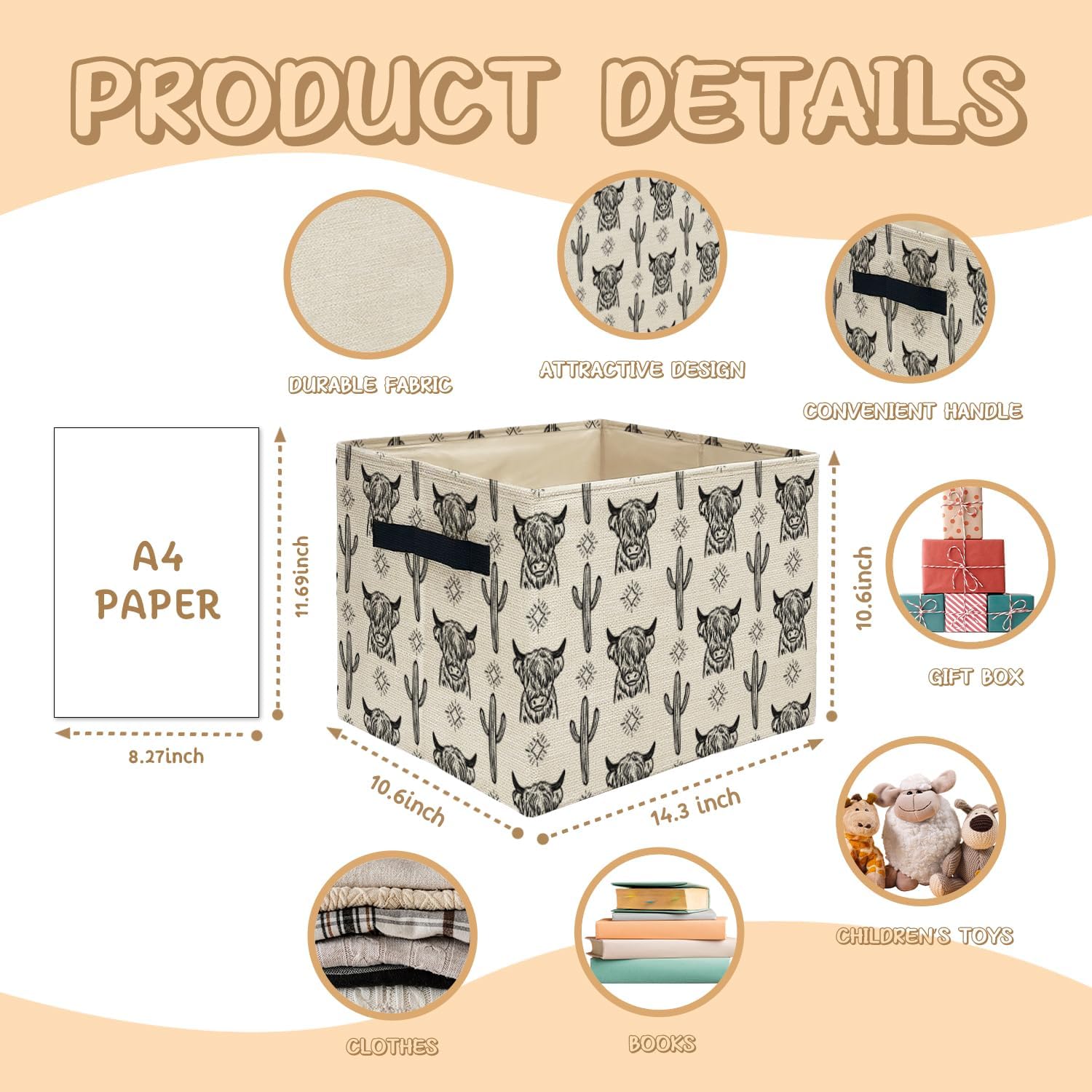 Western Highland Cow Storage Bins Box, Toybox for Boys Girls, Retro Western Cactus Cow Foldable Storage Baskets Organizer for Bedroom Bathroom Kids Room Dorm Clothes Toys Books