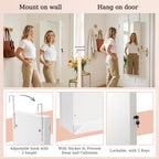Unisakey Lockable Mirror Jewelry Cabinet LED Lights Wall Mount White | Door or Wall Mount Flexible,Drawers Cosmetic Trays Shelves Inside,Built-in Full-Length Mirror,Dimensions 14.4"×3.15"×43.1"