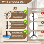 Solid Wooden Coat Rack Stand, Coat Racks Freestanding with 14 Hooks, Natural Birch Wood Coat stands with Sturdy Round Base, tree Coat Hanger Standing for Entryway Bedroom Office (Redwood disc)