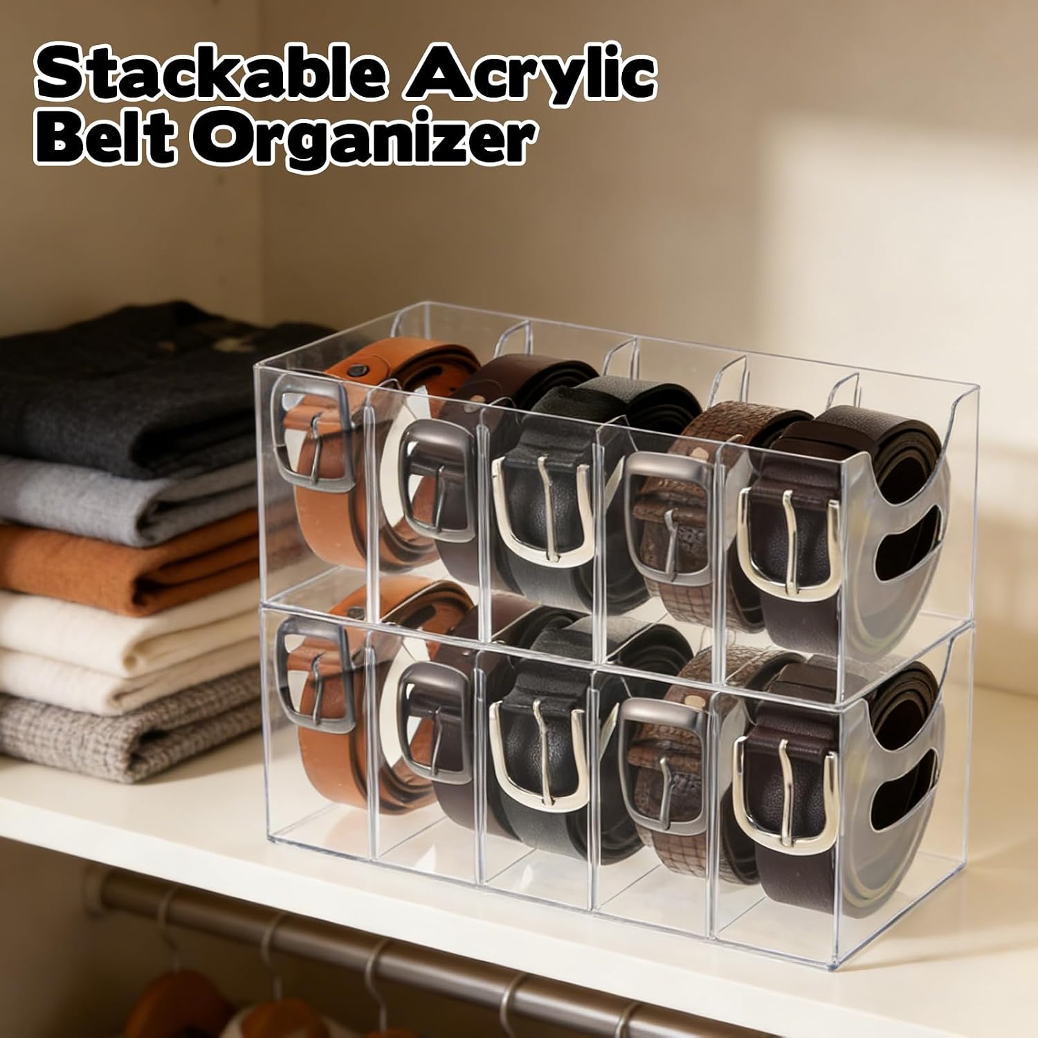 2 Pack Acrylic Belt Organizer Clear Stackable Belt Storage Holder Purse Organizer for Closet - 5 Compartments with Removable Dividers,Display Case Pantry Cabinet Organizers for Ties,Socks,Underwear