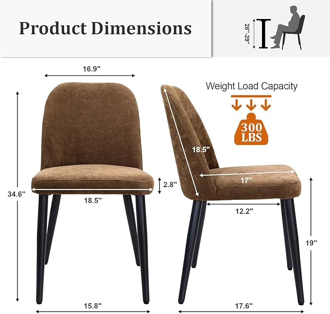 Upholstered Dining Chairs Set of 8 Modern Kitchen Chairs Chenille Fabric Dining Room Chairs High-Back Padded Dining Chairs with Metal Legs for Kitchen Dining Room Restaurant Cafe Hotel, Brown