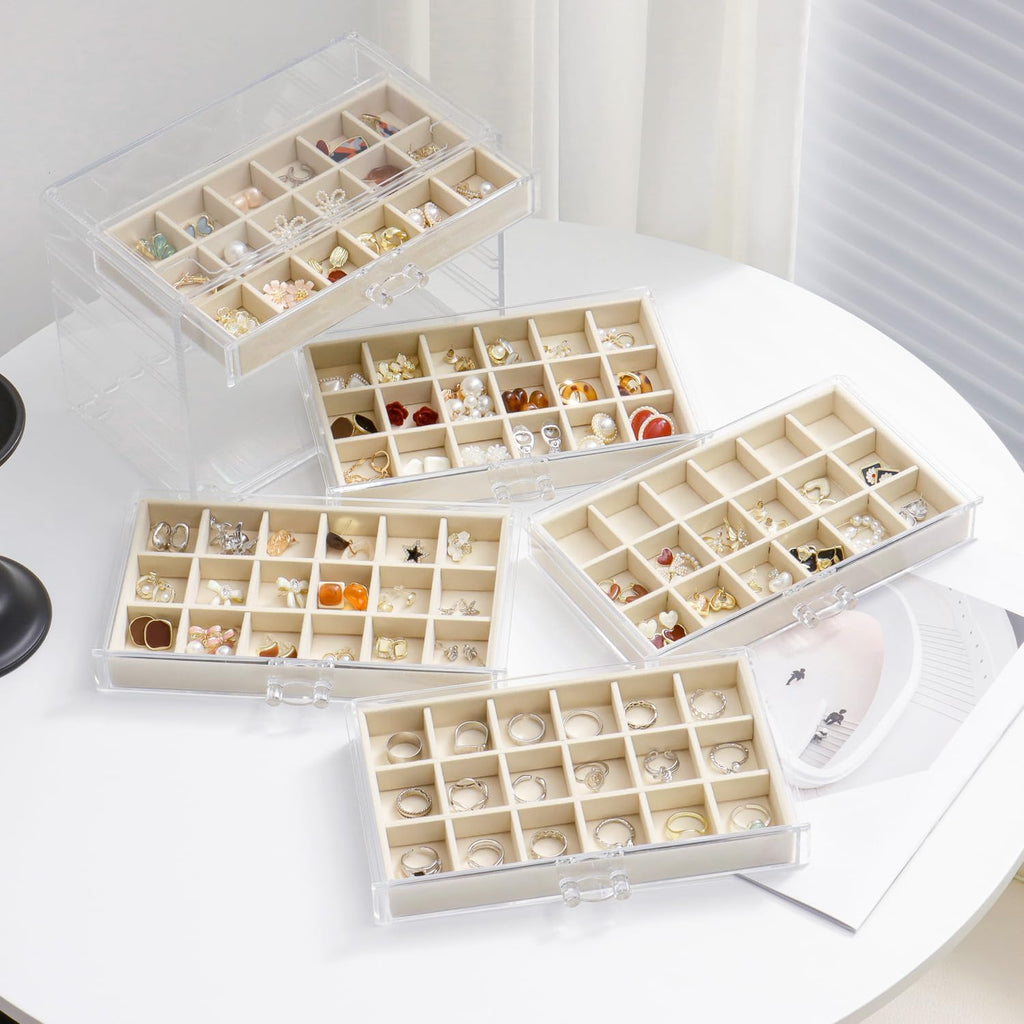 YUFONG Jewelry Organizer with 5 Drawers Clear Acrylic Earring Display Case Velvet Jewelry Storage Box Display Holder for Earring Ring Bracelet Necklace (Beige, 90 Grids)