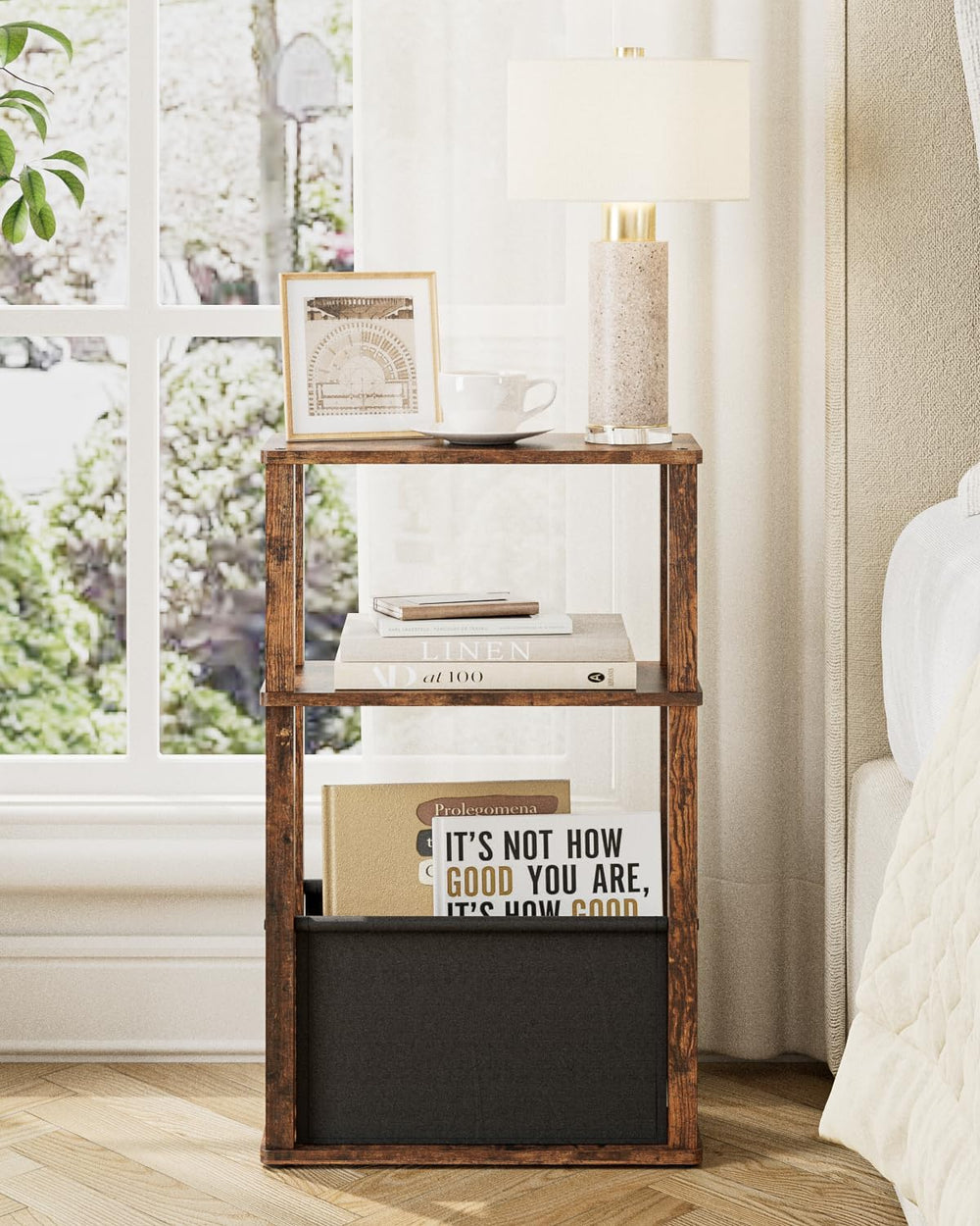 Narrow Side Table, 3-Tier Night Stand with Storage Bag, Skinny Nightstand for...