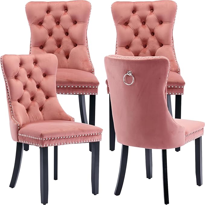 Modern Dining Chairs Set of 4, Tufted Upholstered Dining Chair with Solid Wood Legs, Pink Velvet Accent Chair, Sillas de Comedor, 4 Dining Chairs (Pink, Velvet, 4Pcs)