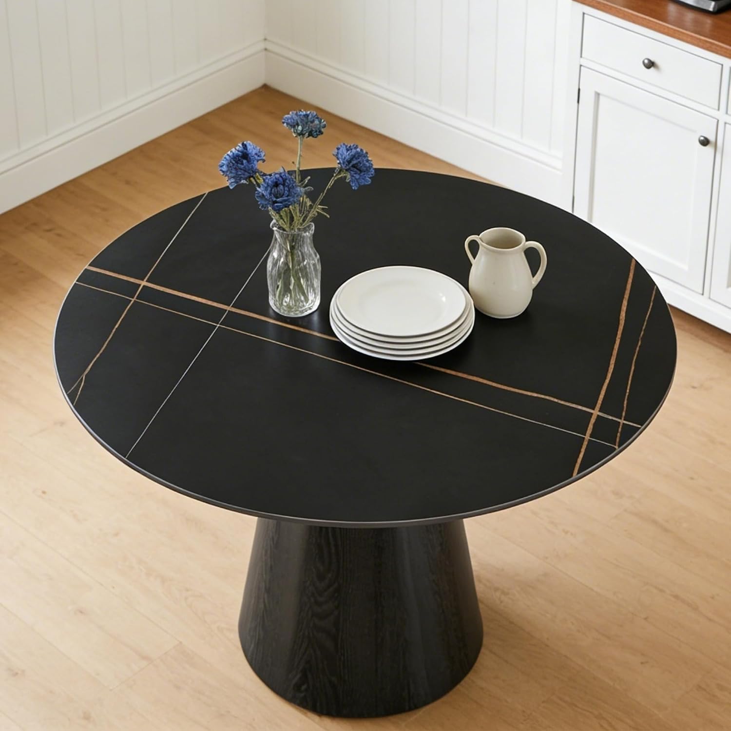 Faux Marble Round Dining Table for 4-6, 42" Modern Round Kitchen Table with Sintered Stone Top and Wood Stable Pedestal for Apartment,Restaurant,Small Space (Black