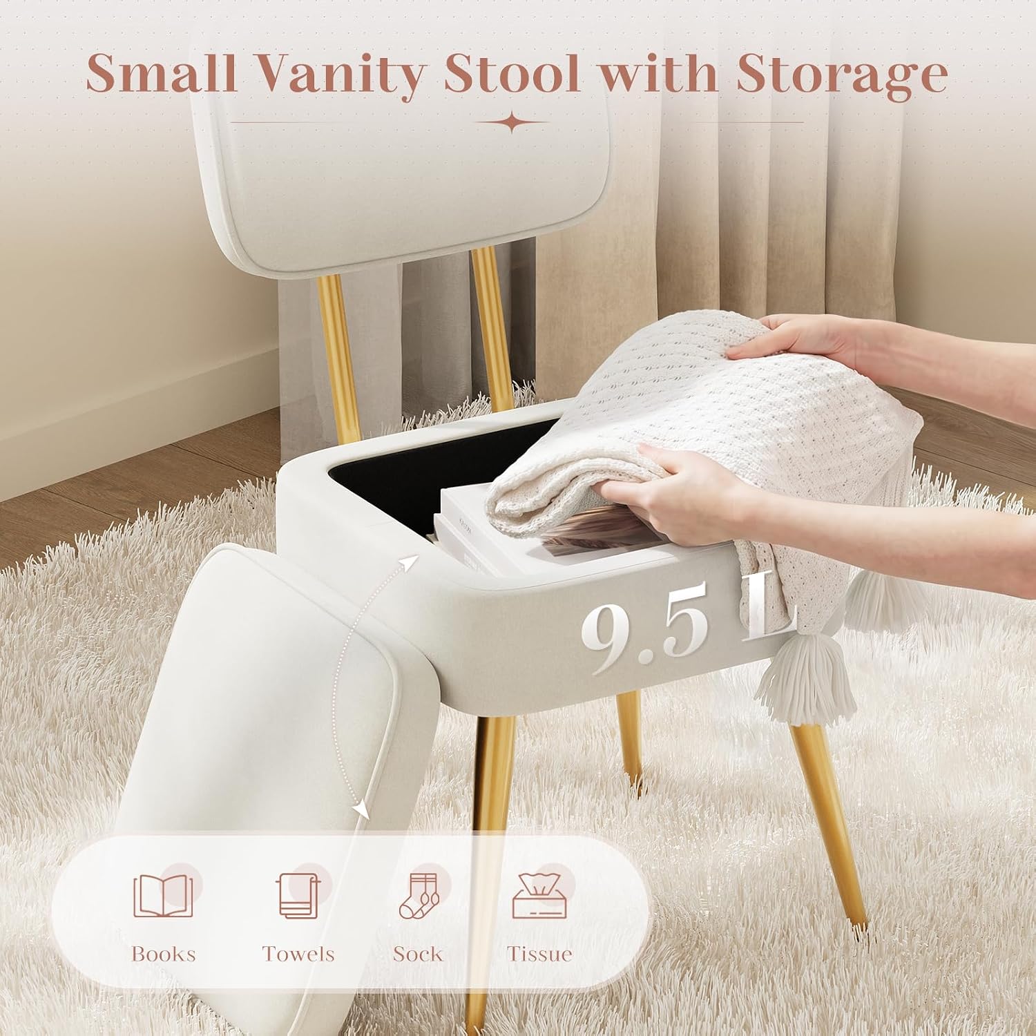 MALOL Velvet Makeup Vanity Chair with Storage and Back, Cute No Wheels Vanity Stool Ottoman with Golden Metal Legs for Bedroom Dressing Closet, Beige