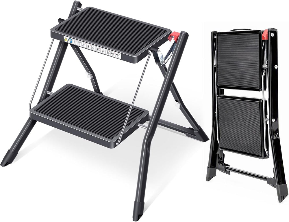 KINGRACK Folding Step Ladder, 2 Step Foldable Step Stool with Handle,Black