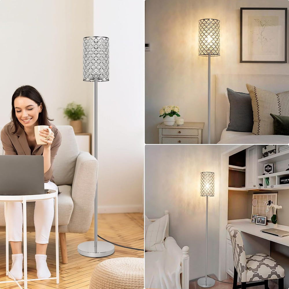Crystal Floor Lamp, Silver Tall Pole Lamp with On/Off Foot Switch