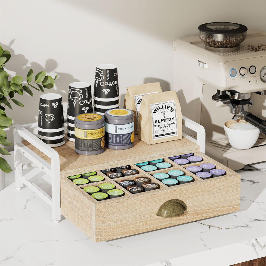 IBUYKE Tea Bag Organizer for Countertop,2 Tier Tea Box Organizer with Drawer,Wood Tea Bag Holder with Metal Frame,Tea Station Organizer for Kitchen Cabinet,Coffee Station,Office,Natural UTCJ004R