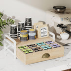 IBUYKE Tea Bag Organizer for Countertop,2 Tier Tea Box Organizer with Drawer,Wood Tea Bag Holder with Metal Frame,Tea Station Organizer for Kitchen Cabinet,Coffee Station,Office,Natural UTCJ004R