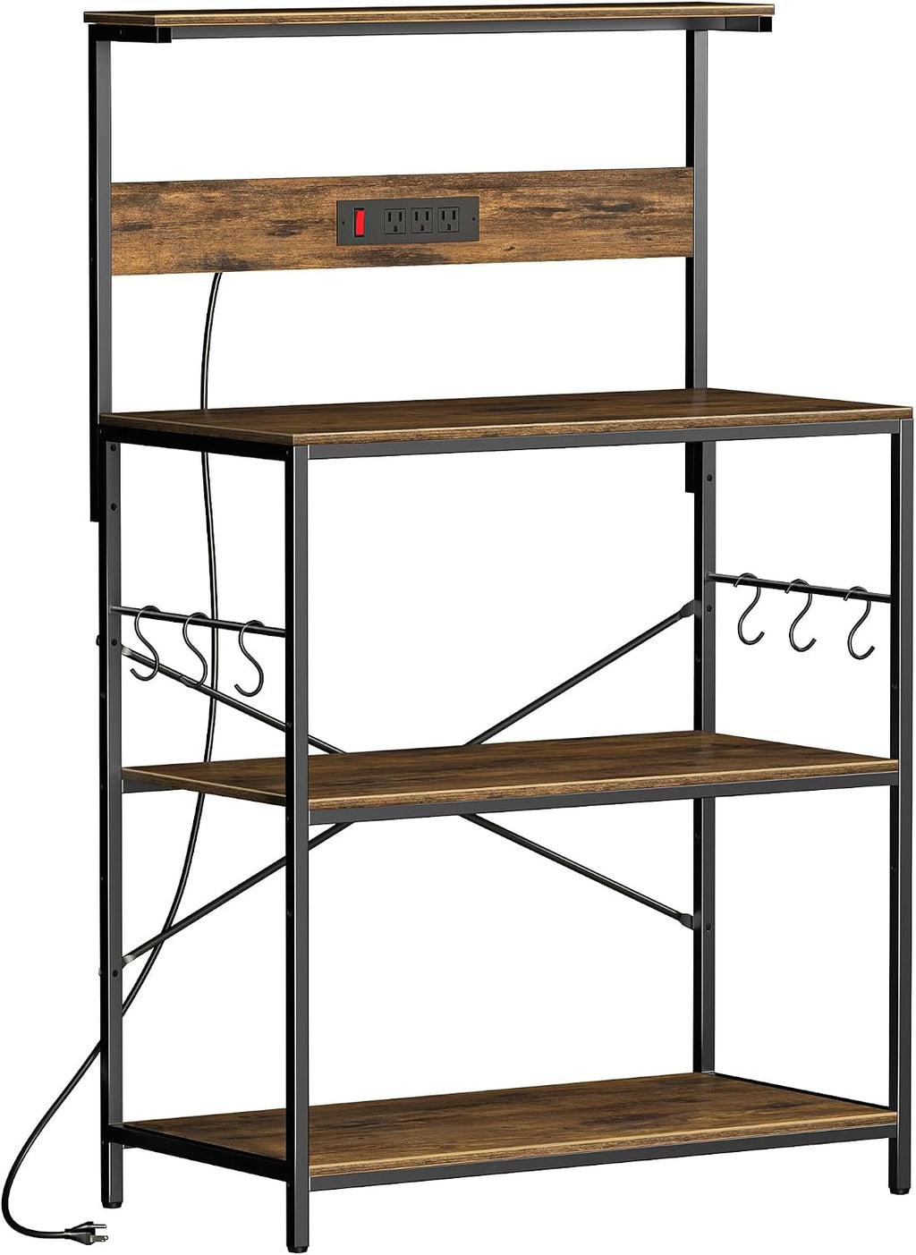 VUSIGN Kitchen Bakers Rack with Power Outlet, 31.5 Inch Coffee Bar Station with 6 S Hooks, 4 Tiers Microwave Stand with Storage, Kitchen Stand for Pots/Pans/Spices, Rustic Brown