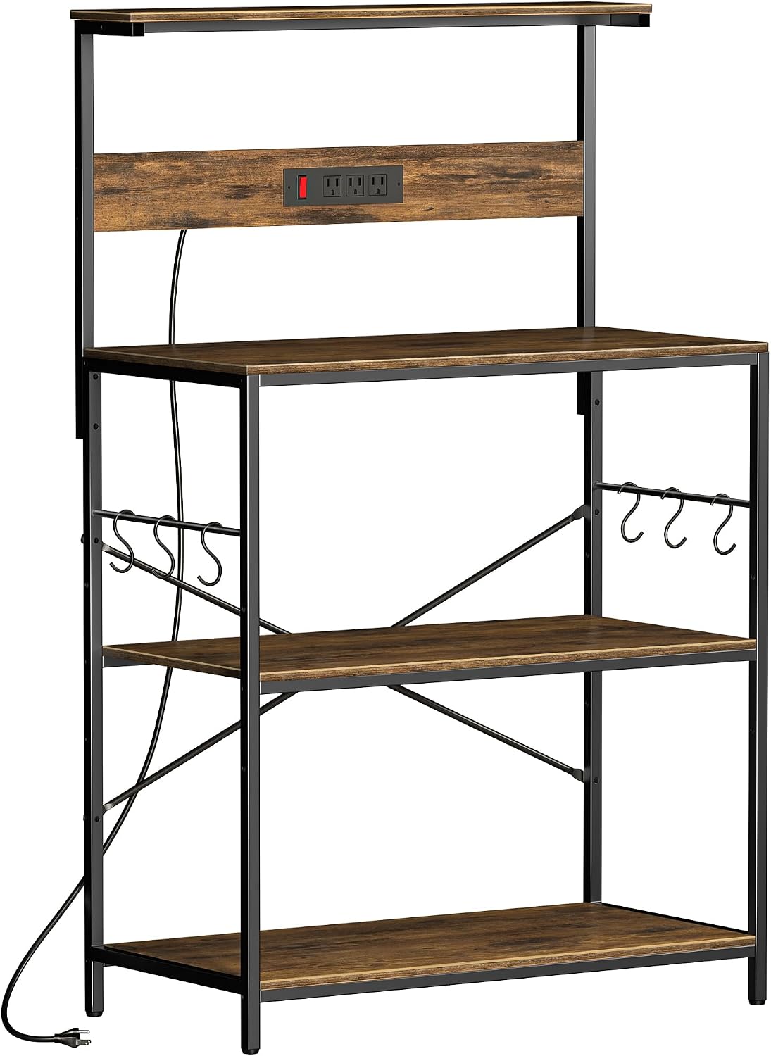 VUSIGN Kitchen Bakers Rack with Power Outlet, 31.5 Inch Coffee Bar Station with 6 S Hooks, 4 Tiers Microwave Stand with Storage, Kitchen Stand for Pots/Pans/Spices, Rustic Brown