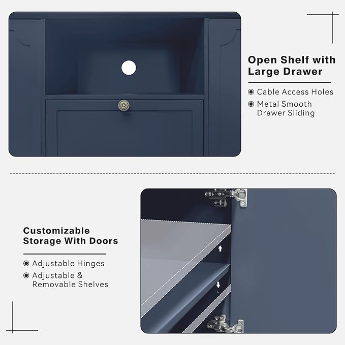 67” Mid-Century Modern TV Stand for 75+ inch TVs, Wood Entertainment Center with Storage Drawer, Long Media Console with Adjustable Shelves, Blue TV Cabinet for Living Room, Bedroom