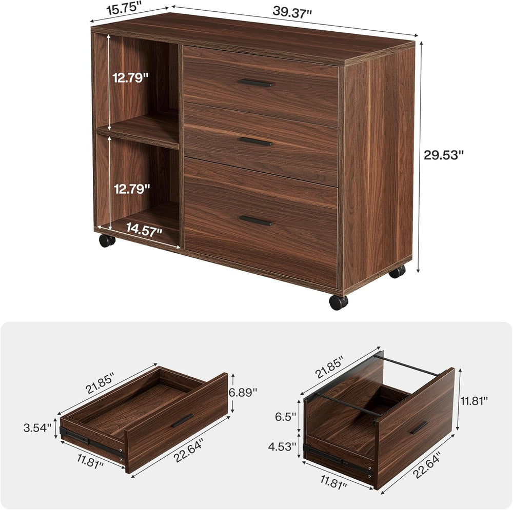 Tribesigns 39 in. Wooden Filing Cabinet with Open Storage Shelves and 3 Drawe...