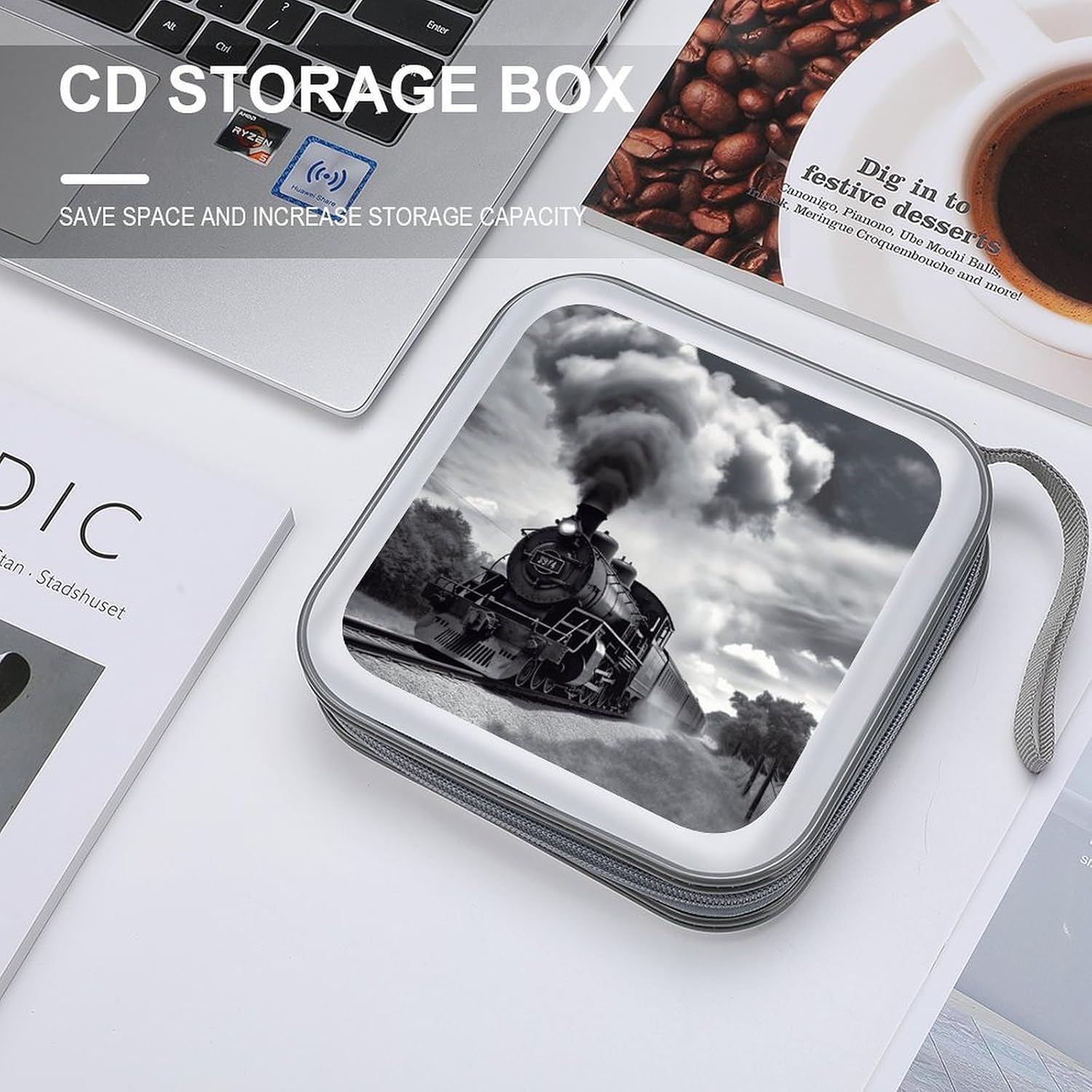 Steam Train Clouds CD Case with Zipper 40 Capacity DVD Case Holder Hard Plastic DVD Disc Storage Box Portable Disc Storage Organizer CD Wallet Bag Media Disc Wallet for Car Home