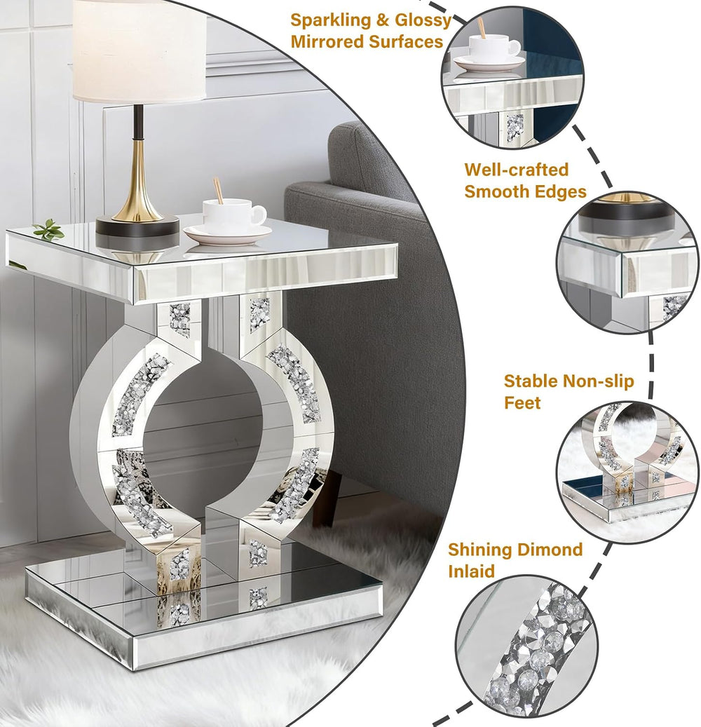 Crushed Diamond Mirrored End Table, Silver Side Accent Table, Small Mirrored ...