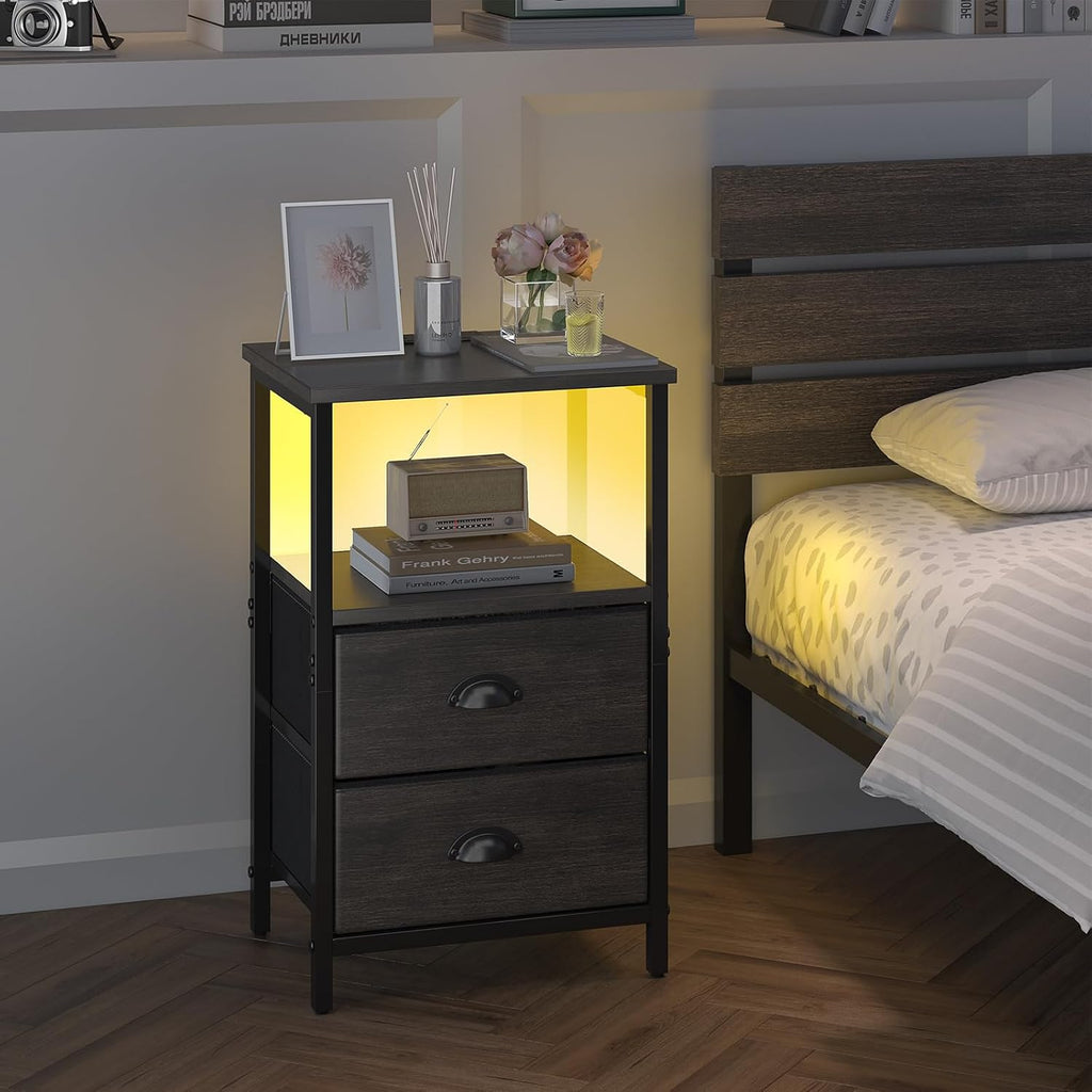 sthmec Nightstand with Charging Station, LED Night Stand Set of 2, Bedside Table End Table with Drawer, Bedroom Tables with 2 Fabric Drawers, 3-Tier Storage Side Table for Bedroom, Black Oak