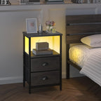 sthmec Nightstand with Charging Station, LED Night Stand Set of 2, Bedside Table End Table with Drawer, Bedroom Tables with 2 Fabric Drawers, 3-Tier Storage Side Table for Bedroom, Black Oak