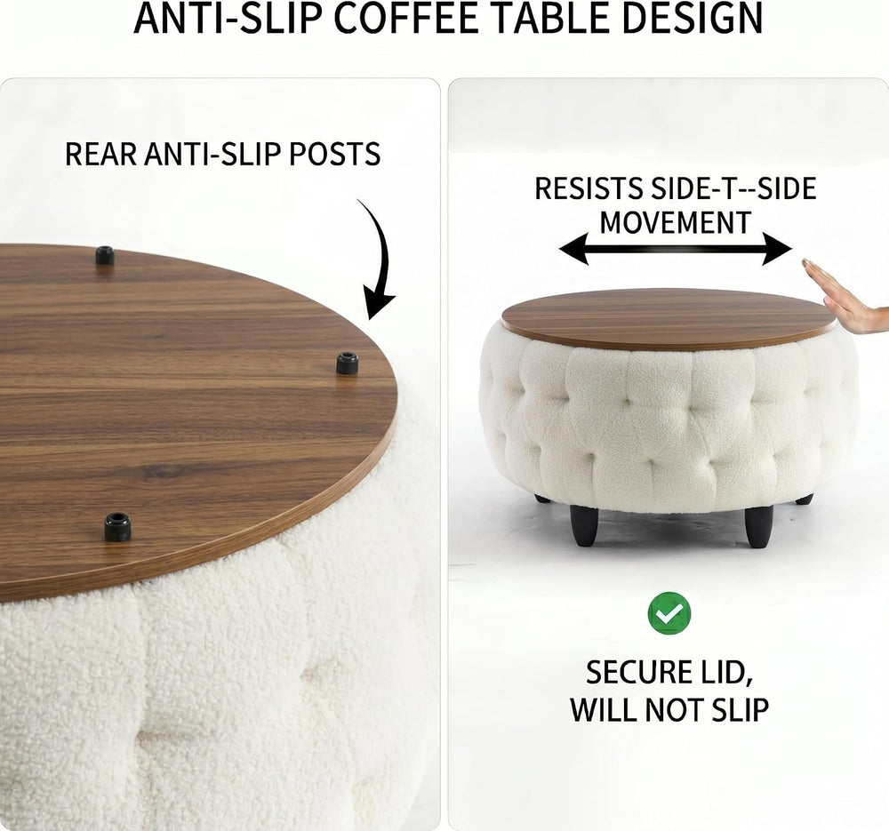 Large Round Storage Ottoman Coffee Table with Wooden Tabletop, 32 Inches Tedd...
