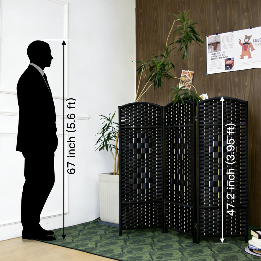 Furnnylane 3 Panel Black Rattan Room Divider for Room Separation, 47.2" ...