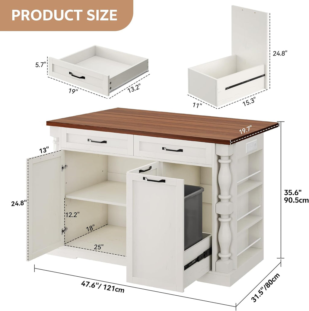 Kitchen Island with Drop Leaf, 47.6" Kitchen Island with Storage | with Power Outlet & Trash Bin Rolling Kitchen Cart with Spice Rack Island Table for Kitchen Breakfast Home Bar, Antique White