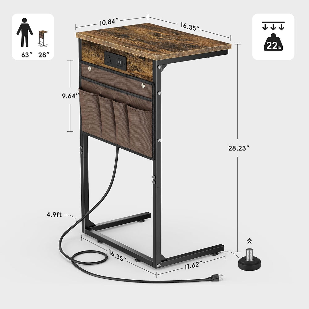 Vagusicc C Shaped End Table with Charging Station, 28" Tall Couch Side T...