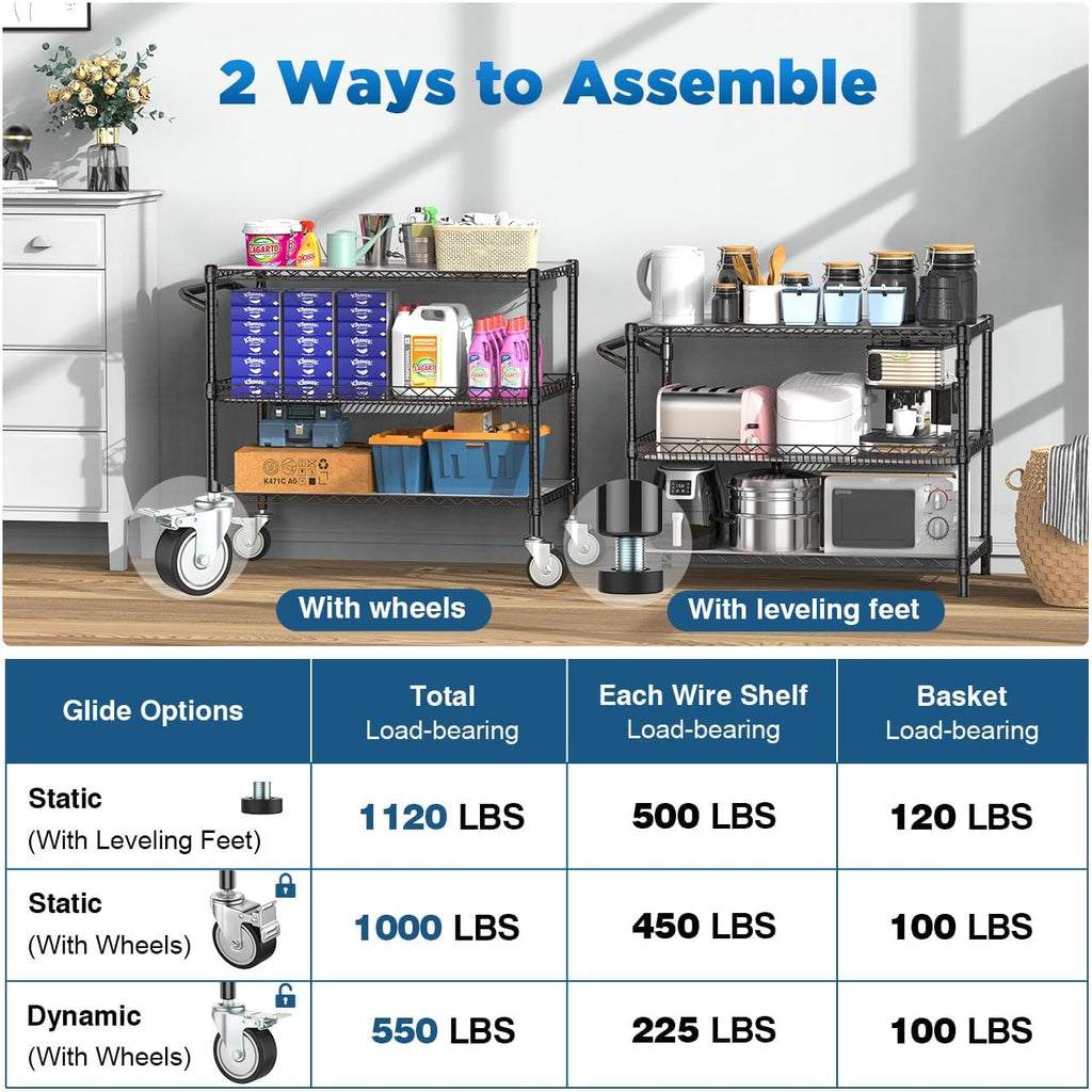 Leteuke 1120LBS Heavy Duty Rolling Utility Cart,3 Tier Rolling Carts with Wheels,NSF Commercial Grade with Handle Bar & Shelf Liners,45"x25"x39" Storage Cart for Kitchen,Restaurant,Plant Display,Black
