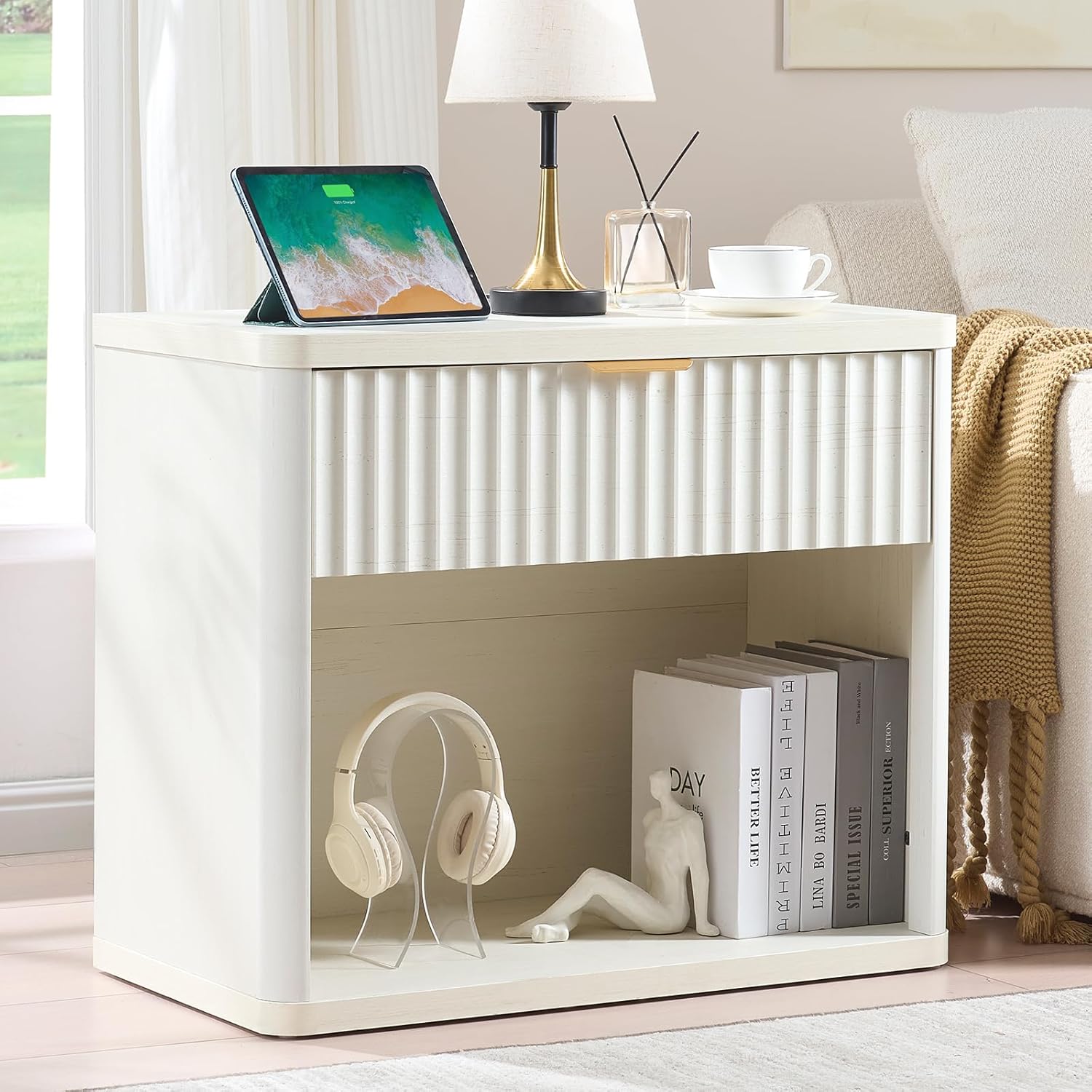 LEYAOYAO 31" Wide Fluted Nightstand Set of 2 with Charging Station, Oversized Extra Large 1 Drawer Night Stand with Golden Handle, White Wood Bedside Table Tall End Tables,for Bedroom, Living Room