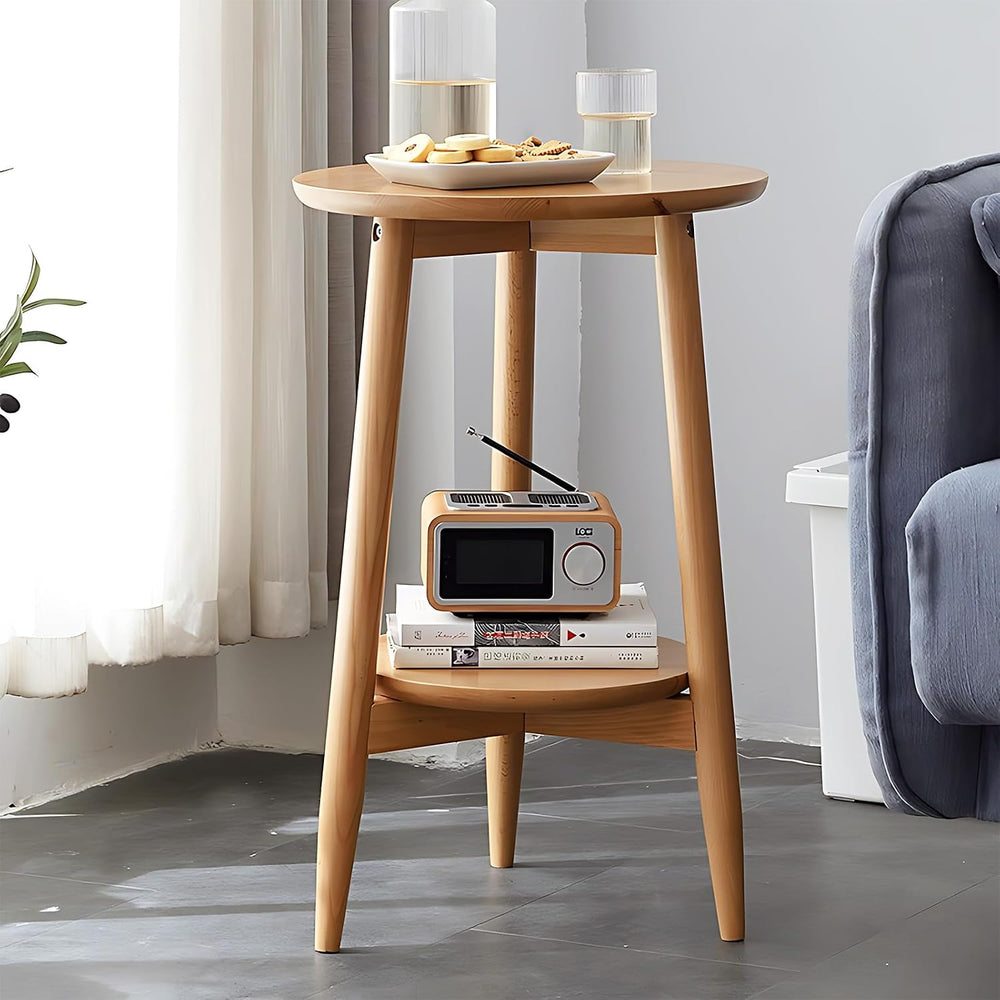 Side Table, Small Round End Table with 2-Tier Shelf, Solid Wood Nightstand fo...