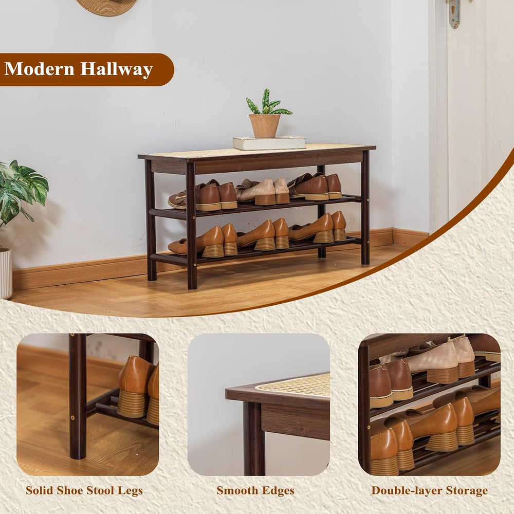 Bamboo Entryway Bench with Woven Rattan Seat, 2-Tier Shoe Storage Bench for H...