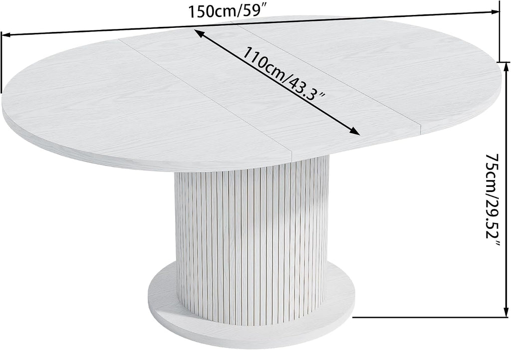 43.3 inch 59 inch Adjustable Size Round Dining Table for 4 6, Unique Design Modern Farmhouse Kitchen Table, Circle Dining Tables with Wood Strip Base for Kitchen Living Room (White)