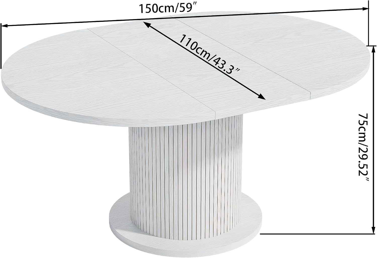 43.3 inch 59 inch Adjustable Size Round Dining Table for 4 6, Unique Design Modern Farmhouse Kitchen Table, Circle Dining Tables with Wood Strip Base for Kitchen Living Room (White)