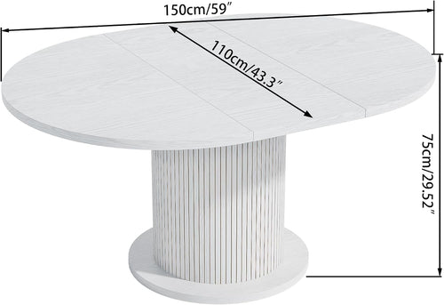 43.3 inch 59 inch Adjustable Size Round Dining Table for 4 6, Unique Design Modern Farmhouse Kitchen Table, Circle Dining Tables with Wood Strip Base for Kitchen Living Room (White)