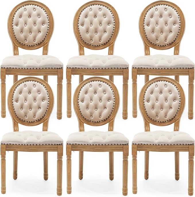 Upholstered Dining Chairs Set of 6 French Country Oval Fabric Back Kitchen Side Chair with Wood Legs for Dining Room, Kitchen, Restaurant(Beige-Velvet)