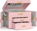 TORIBIO Jewelry Box for Women, Leather Jewelry Organizer with Mirror & Lock, 3-Tier Jewelry Storage Organizer with 2 Drawers for Girls/Women/Mothers, Necklace Earring Bracelets Holder Organizer