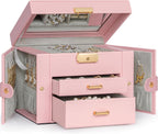 TORIBIO Jewelry Box for Women, Leather Jewelry Organizer with Mirror & Lock, 3-Tier Jewelry Storage Organizer with 2 Drawers for Girls/Women/Mothers, Necklace Earring Bracelets Holder Organizer