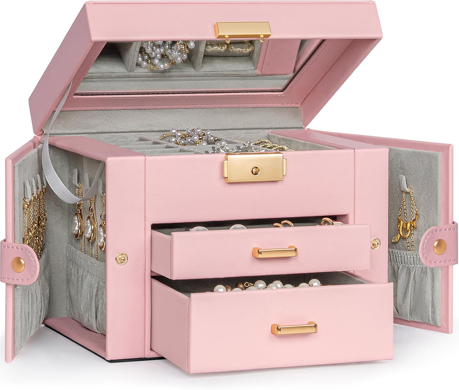 TORIBIO Jewelry Box for Women, Leather Jewelry Organizer with Mirror & Lock, 3-Tier Jewelry Storage Organizer with 2 Drawers for Girls/Women/Mothers, Necklace Earring Bracelets Holder Organizer
