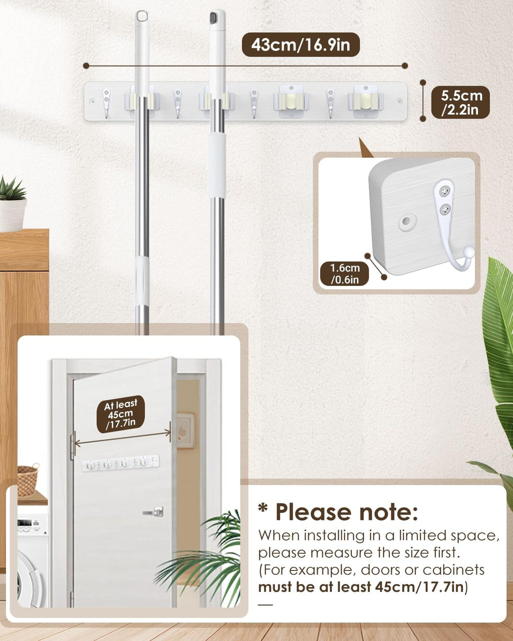 AceMining Broom Holder Wall Mounted, White 4 Holders and 4 Hooks Mop Holder, Wooden Mop and Broom Holder with Anti slip rubber, Natural pine wood Brush Holder, Mop Wall Holde with Nail installation
