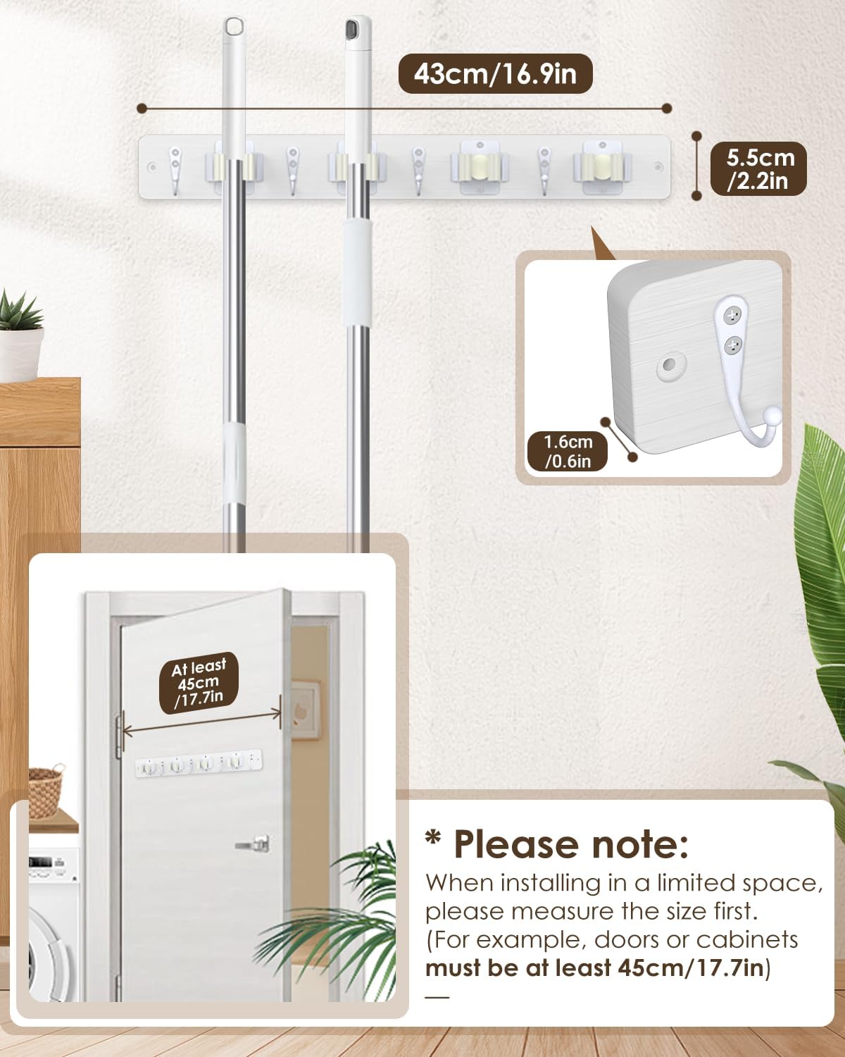 AceMining Broom Holder Wall Mounted, White 4 Holders and 4 Hooks Mop Holder, Wooden Mop and Broom Holder with Anti slip rubber, Natural pine wood Brush Holder, Mop Wall Holde with Nail installation